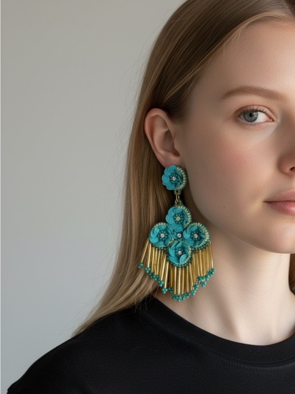 9/17 Turquoise Floral Fringe Statement Earrings - Women Jewelry